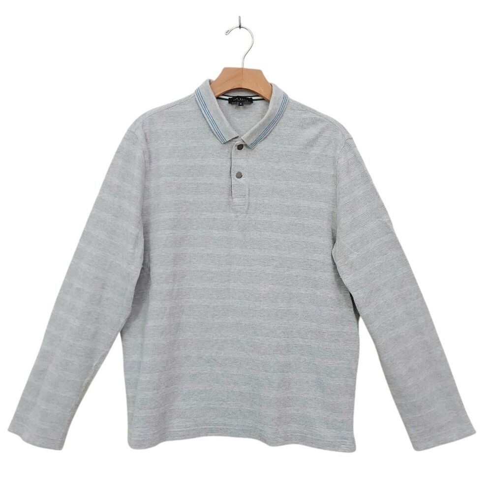 Ted Baker London Polo Shirt Mens 4/L Gray Textured Stripe Long Sleeve Cotton
